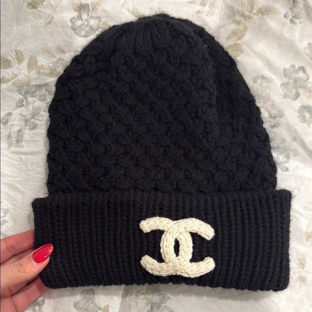 Chanel Black Knit Beanie with Cream Logo